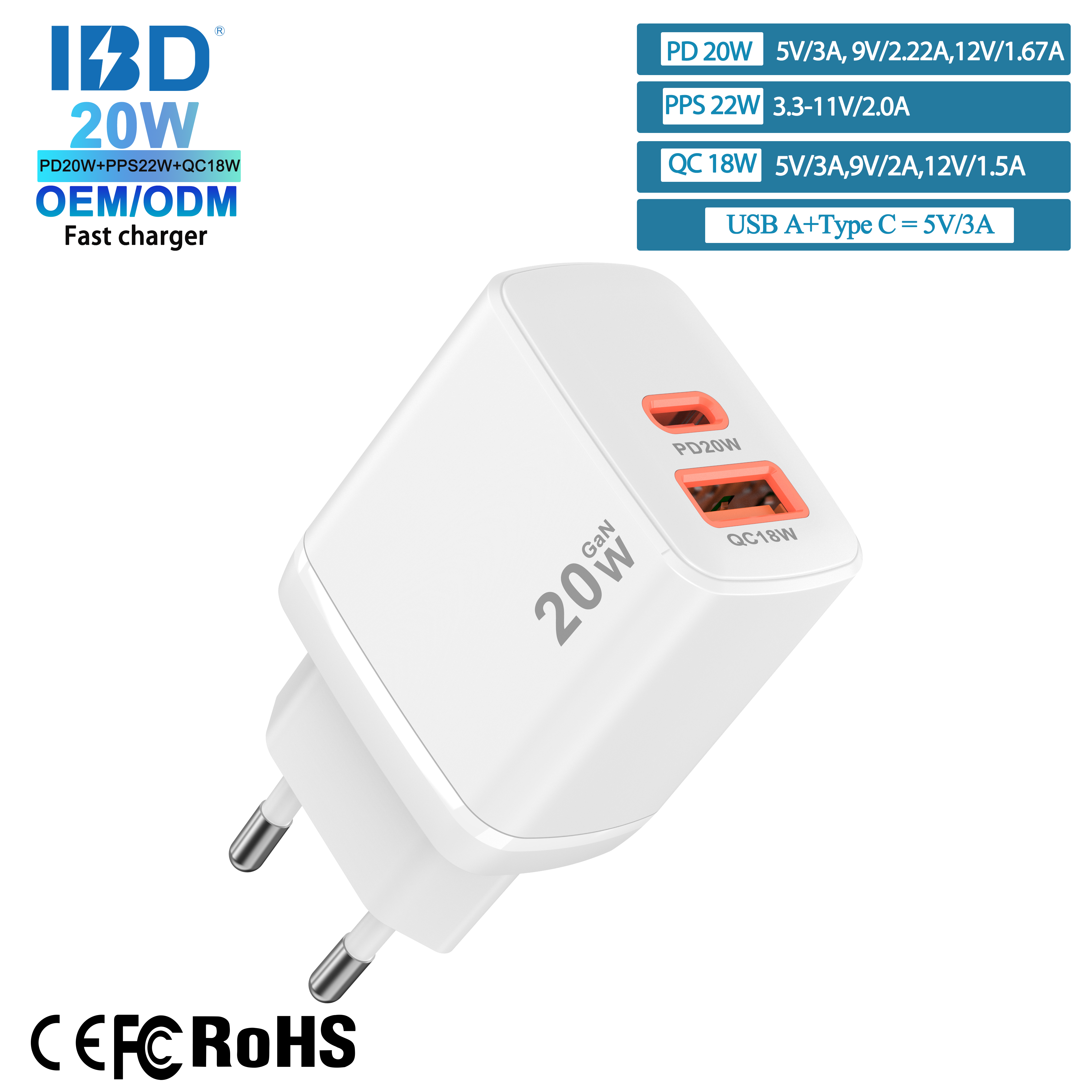 Chargeur mural rapide blanc 1UC PD20W+QC18W Prise EU