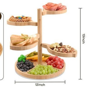 Bamboo Tiered Serving <b>Tray</b> 5 In 1 Rotating Fruit And <b>Snack</b> Display For Parties And Home Use - Product Image 3