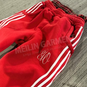 Pantalon de jogging streetwear rouge personnalisé à double taille, coupe et couture, en tissu épais, coupe oversize, jambe large évasée, double taille - Product Image 2