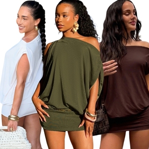 Vestido Mini de Punto Sólido con Cuello Asimétrico para Mujer, Ajuste Ceñido, con Dobladillo Tipo Lápiz, Ecológico y Transpirable - Product Image 1