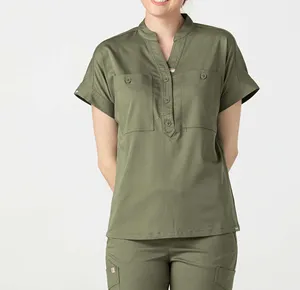 Nuovo arrivo uniformi ospedaliere colletto alla coreana bottone in plastica Scrub medico set Scrub donna infermiera