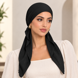Turban en tissu froissé pour <span class=keywords><strong>femme</strong></span> avec deux longues attaches, <span class=keywords><strong>bonnet</strong></span> hijab respirant texturé, couvre-chef <span class=keywords><strong>chimio</strong></span> pour usage quotidien - Product Image 2