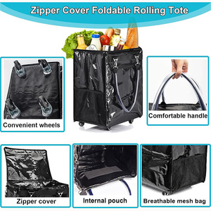 Sac d'épicerie réutilisable sur roulettes avec poteau de soutien Grand sac fourre-tout roulant Sacs à provisions étanches avec couvercle à glissière - Product Image 5