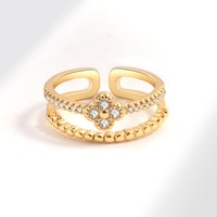 Anillo Abierto Ajustable con Trébol de Cuatro Hojas, Elegante y Moderno, Chapado en Oro, con Micro Pavé de Circonitas Blancas y Borde con Cuentas, para Uso Diario
