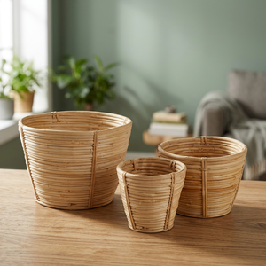 Ensemble de 3 paniers de rangement en rotin, contenants ronds en fibres naturelles pour l'organisation du salon, style rustique - Product Image 4