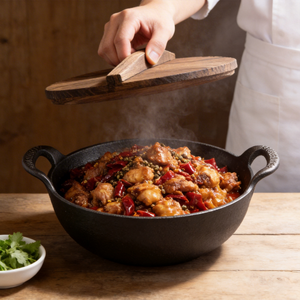 Muestra Gratis: Wok Pequeño de Hierro Fundido de 20 cm con Mango de Madera - Sartén Antiadherente de Fondo Plano para Cocinar Saludablemente <span class=keywords><strong>en</strong></span> <span class=keywords><strong>Casa</strong></span> - Product Image 1