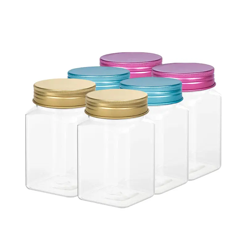 350ml 12 oz BPA ücretsiz saklama kapları gıda sınıfı külot kutuları temizle boş plastik kare bal kavanozu alüminyum kapaklı