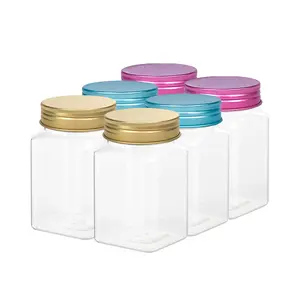 Contenedores de almacenamiento sin BPA de 350ml y 12 oz, contenedor de despensa de grado alimenticio, bote de plástico transparente vacío cuadrado para miel con tapa de aluminio