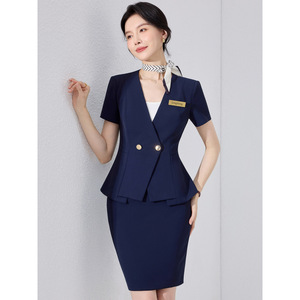 Women's Short Sleeve Suit Set Navy Blue Reception Uniform For Hotel Office <b>Work</b> Spring 2026 - Product Image 1