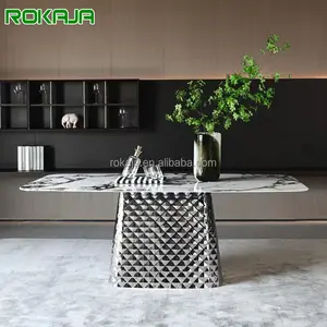 Italian Sintered Stone Dining Table Shiny Silver Stainless Steel Base Rectangular Dining Table Family 6 8 10 Seater Dinner Table