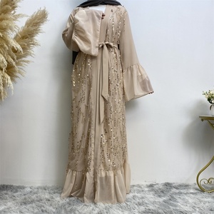 1856# Elegant Muslim Women Abaya Shiny Gold <b>Sequins</b> Open Abayas Long Robe With Chiffon Patchwork <b>Flare</b> Sleeve - Product Image 6