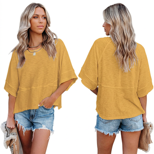 T-shirt unisexe décontracté à manches courtes et col rond en jersey de polyester respirant, coupe ample, manches raglan, couleur moutarde, pour le printemps - Product Image 2