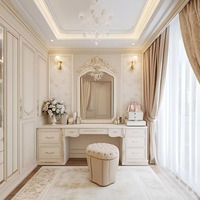 Armoire intégrée en panneaux de particules blancs de style français avec miroir, coiffeuse et unité de rangement pour chambre à coucher
