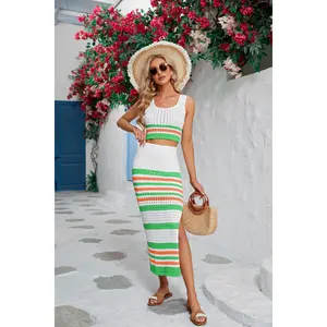 2023 Summer Beautiful Comfortable Casual Striped Square Neck Top And Open Long Skirt Set Women Set Suits