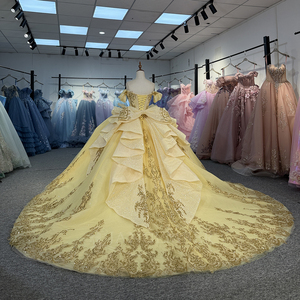 Vestido de Fiesta Largo con Apliques de Encaje y Lazo Amarillo, Escote Corazón, Estilo Princesa, para Quinceañera, Sweet 16, Modelo Dy1331 - Product Image 3