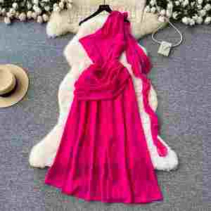 Vestido Midi Plisado Transpirable de Verano con Hombro Descubierto Asimétrico y Encaje 3D para Mujer - Product Image 3