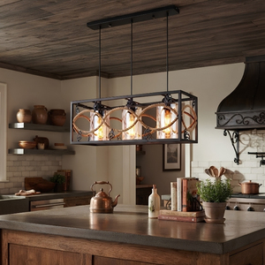 Suspension rectangulaire rustique à 3 lumières en corde tressée pour cuisine, modèle très populaire - Product Image 2