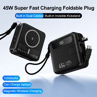 Cargador Portátil de 45W y 15000mAh con Cables Dobles Integrados, Pantalla LED, Carga USB-C PD, Diseño Ligero para Viajes
