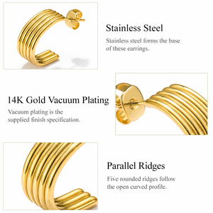 Pendientes de Aro con Múltiples Aros, Acero Inoxidable, Chapado al Vacío en Oro de 14K, Cinco Líneas Redondeadas Paralelas, Diseño Curvo Abierto - Product Image 4