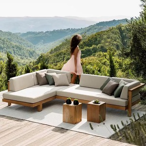 Ensemble de canapés de patio extérieur en teck moderne personnalisé, résistant aux intempéries, avec coussins pour jardin, villa ou cour arrière - Product Image 2