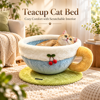 Lit pour chat 2-en-1 Teacup : griffoir et nid douillet en peluche, avec planche à griffer tressée anti-chute de poils, pour chats d'intérieur, hôtels et maison