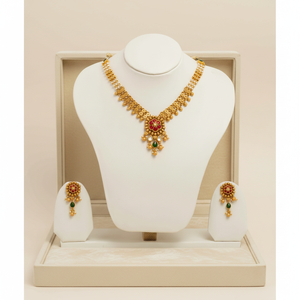 Elegant Gold Bridal Necklace <b>Set</b> With Floral Design Red Stones Green Drop <b>Beads</b> And Matching Earrings For Women - Product Image 1