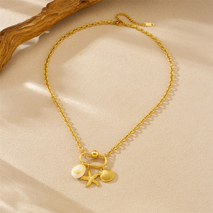Gold Plated Cherry And Marine Life Pendant Necklace With Starfish Seashell Flower Charm For Party Fashion Jewelry - Product Image 3