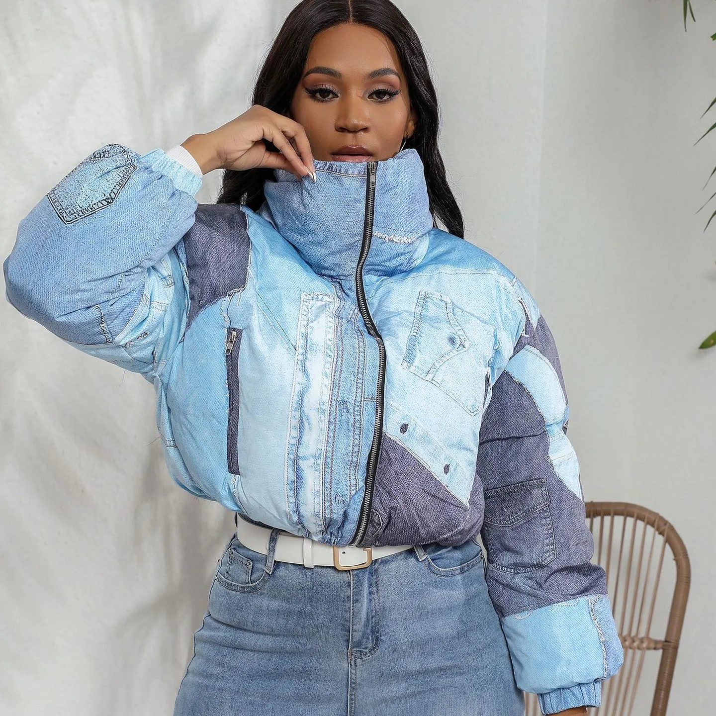 Denim In Phụ Nữ Áo Khoác Bong Bóng Crop Áo Khoác Puff Phụ Nữ Xuống Áo Khoác S-XL Tùy Chỉnh Chắp Vá Mùa Đông Máy Bay Ném Bom Puffer Áo Khoác