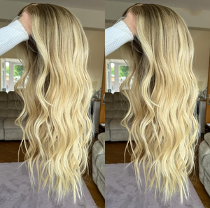 Peluca rubia <span class=keywords><strong>ceniza</strong></span> balayage ombré de cabello humano, larga, con ondas sueltas, frontal de encaje, pre-arrancada, con línea de cabello natural, de cabello virgen para mujer - Product Image 3