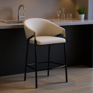 Beige Pu Leather Bar Stool With <b>Black</b> Metal <b>Frame</b> Modern Contemporary Design For Bar Use - Product Image 2
