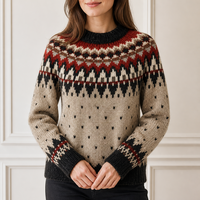 Pull en tricot Fair Isle personnalisé pour femme, col rond, rouge rouille, marron, avec empiècement triangulaire, usine OEM ODM