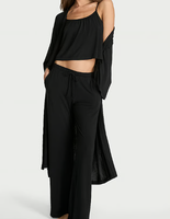 Damen 3-teiliges Modal-Set: Oberteil, Weite Hose mit Kordelzug, Langer Gürtel-Morgenmantel, Weicher Strick-Pyjama, Individuelle Anpassung Möglich