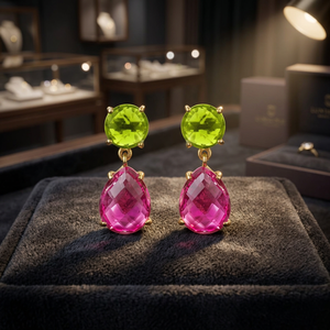 Boucles d'oreilles clous en or 14 carats plaqué or avec calcédoine fuchsia et péridot vert pour femme, bijoux tendance pour soirée - Product Image 2
