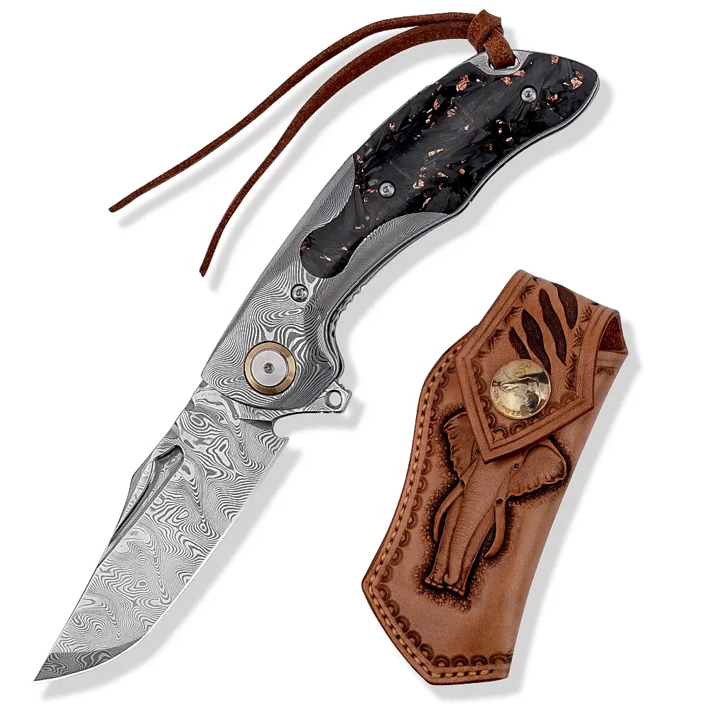High-end Gift 110 Layers Damascus Steel Knife Carbon Fiber Handle Outdoor Tactical EDC Folding Pocket Knives with Leather Sheath