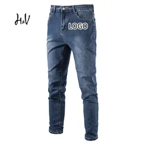 LH Custom pria, Jeans Denim pakaian jalanan ukuran besar nyaman ramping untuk lelaki