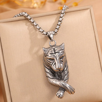 Collier pendentif tête de tigre 3D vintage en argent antique, en acier inoxydable, pour homme, style animal sauvage, chaîne maille hip-hop