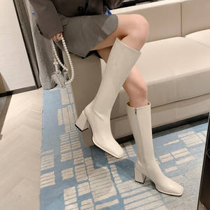 Cialisa-zapatos blancos de piel auténtica para mujer, calzado de tacón alto grueso con punta cuadrada, <span class=keywords><strong>botas</strong></span> largas hasta la rodilla, color blanco, para Otoño e Invierno - Product Image 4