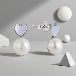 Gümüş inci küpeler kadın beyaz inci kalp şeklinde kabuk tasarım küpe Moissanite küpe ile özelleştirilebilir - Product Image 5