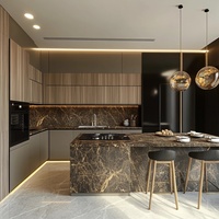 Meubles de cuisine modernes haut de gamme en contreplaqué avec finition acrylique/lacquée, quincaillerie à fermeture amortie, glissières de tiroir et évier