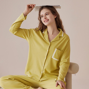 Women's Solid Pajamas Long-Sleeved Long-Pants Modal Cotton Turn-Down Collar Button-Front Breathable Home Wear Set