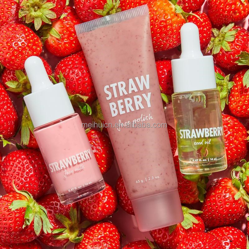 OEM Whitening Brightening Moisturizer Exfoliator Face Serum Face Scrub Face Oil Strawberry Skin Care Gift Set