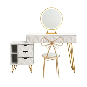 Nórdico com armário penteadeira, com espelho e banco de cabelo, mesa de cabeceira com 3 luzes led, efeito de luz, espelhos, ferro dourado, cômoda