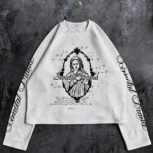 เสื้อยืดโอเวอร์ไซส์พิมพ์ลายกราฟิกสตรีทแวร์ผ้าคอตตอนเนื้อหนัก แขนยาว ระบายอากาศได้ดี ผ้าวาฟเฟิลคุณภาพสูงสำหรับผู้ชาย - Product Image 2