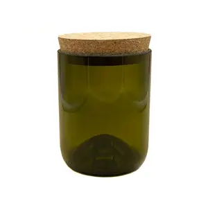 LKA24P Wholesale Green Geo Cut Wine Bottle Glass Candle Jars with Cork Lid for Home Decor