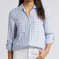 Chemise rayée décontractée rose à manches longues et poches contrastantes boutonnée pour femme