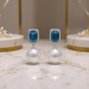 E2622 Orecchini pendenti in oro bianco con topazio e perle finte, orecchini classici da donna per feste, gioielli alla moda - Product Image 2