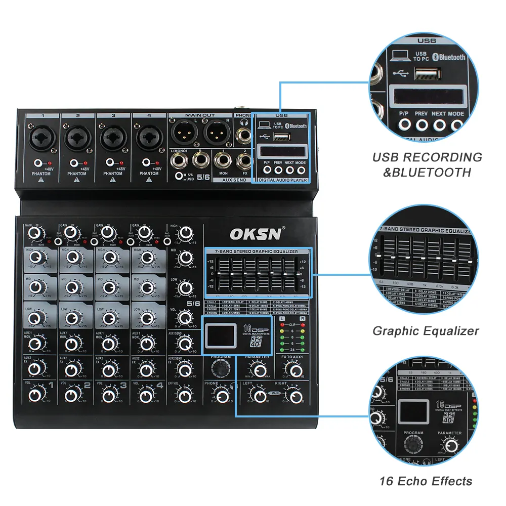Oksn Профессиональный DJ микшер 6-ти канальный звук доска смеситель задние фоны для студийной съемки и оборудование для сцены
