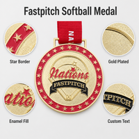 Medali Softball Fastpitch Kustom Berbentuk Bintang dengan Bingkai Enamel, Penghargaan Olahraga 3D Logam untuk Turnamen Baseball, Lapisan Emas dengan Pita