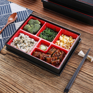 Boîte à bento rectangulaire en bois de style japonais, noire, compartimentée, portable, pour le stockage des repas - Product Image 1