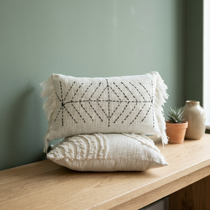 Housse de coussin rectangulaire décorative de style bohème blanche de qualité supérieure avec motif géométrique noir brodé et bords à franges - Product Image 6